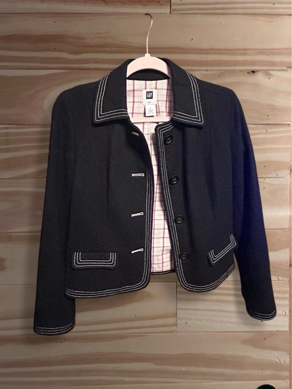 GAP Jacket Black Wool Blend Collared White Stitch Trim Pockets Lined Size 2. - Picture 2 of 6